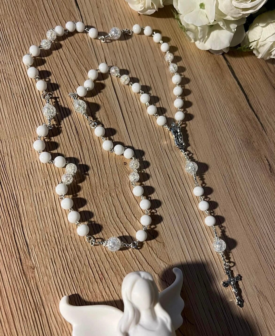 baltas onikso rožančius vaikui komunijai krikštui