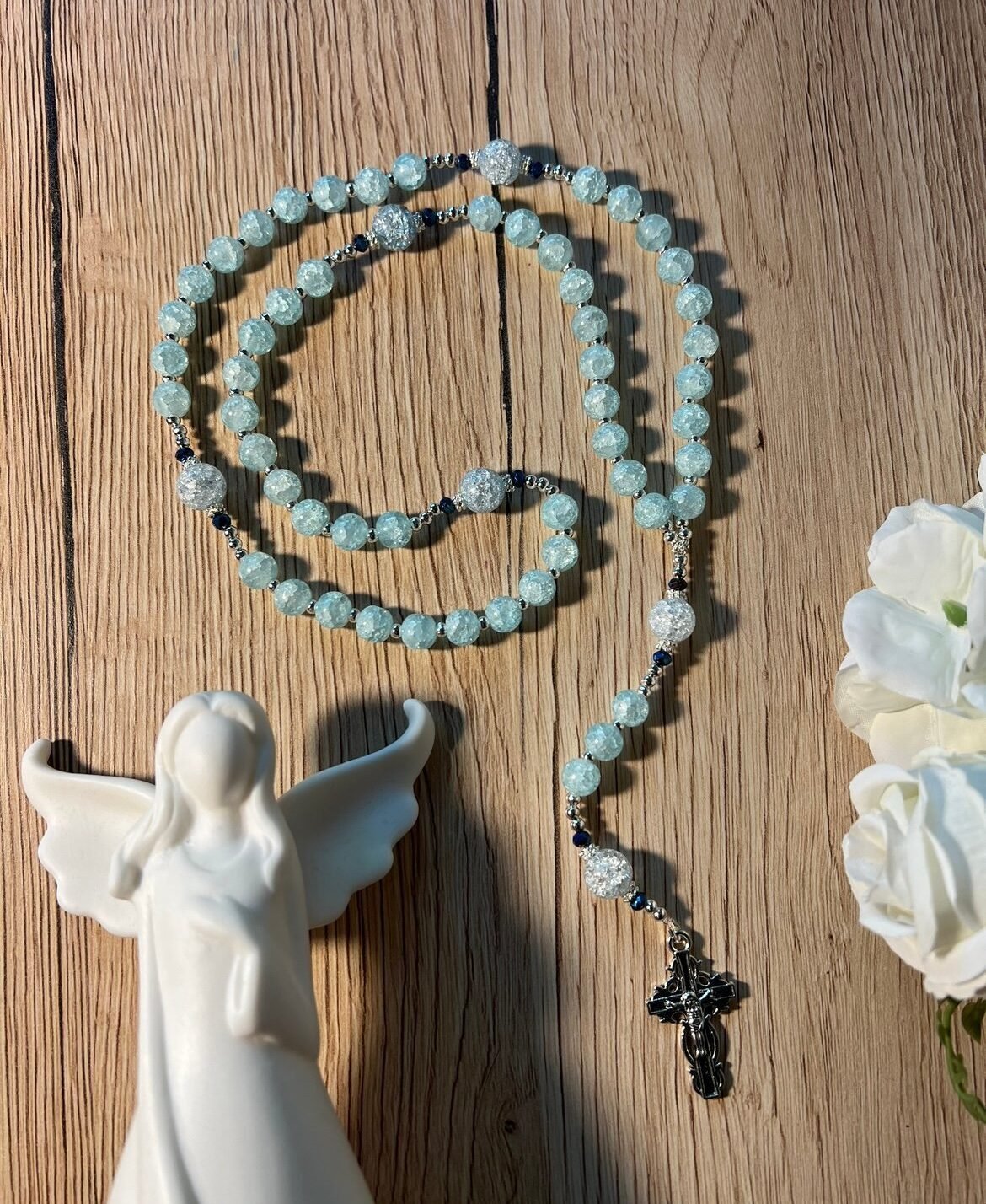 žydras kalnų krištolo rožančius komunijai krikštynoms