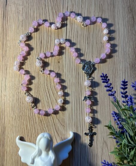 rožinio kvarco ir kalnų krištolo rožančius mergaitei