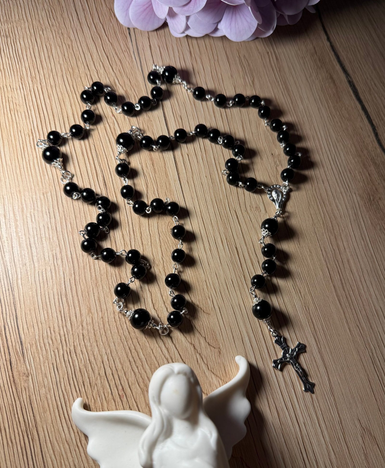 rankų darbo juodas onikso rožančius komunijai