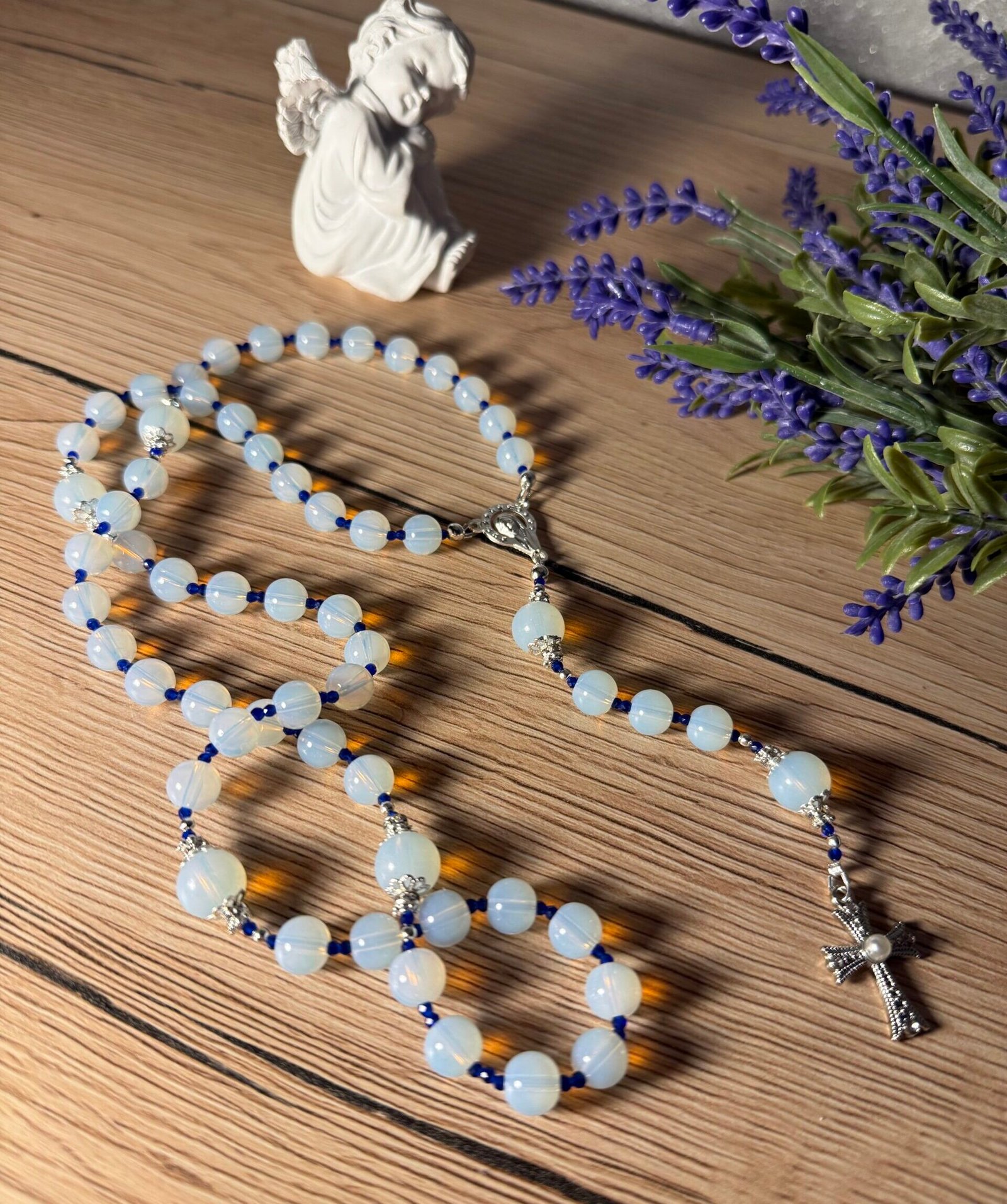 rankų darbo prabangus katalikiškas žadeito karoliukų rožančius komunijai