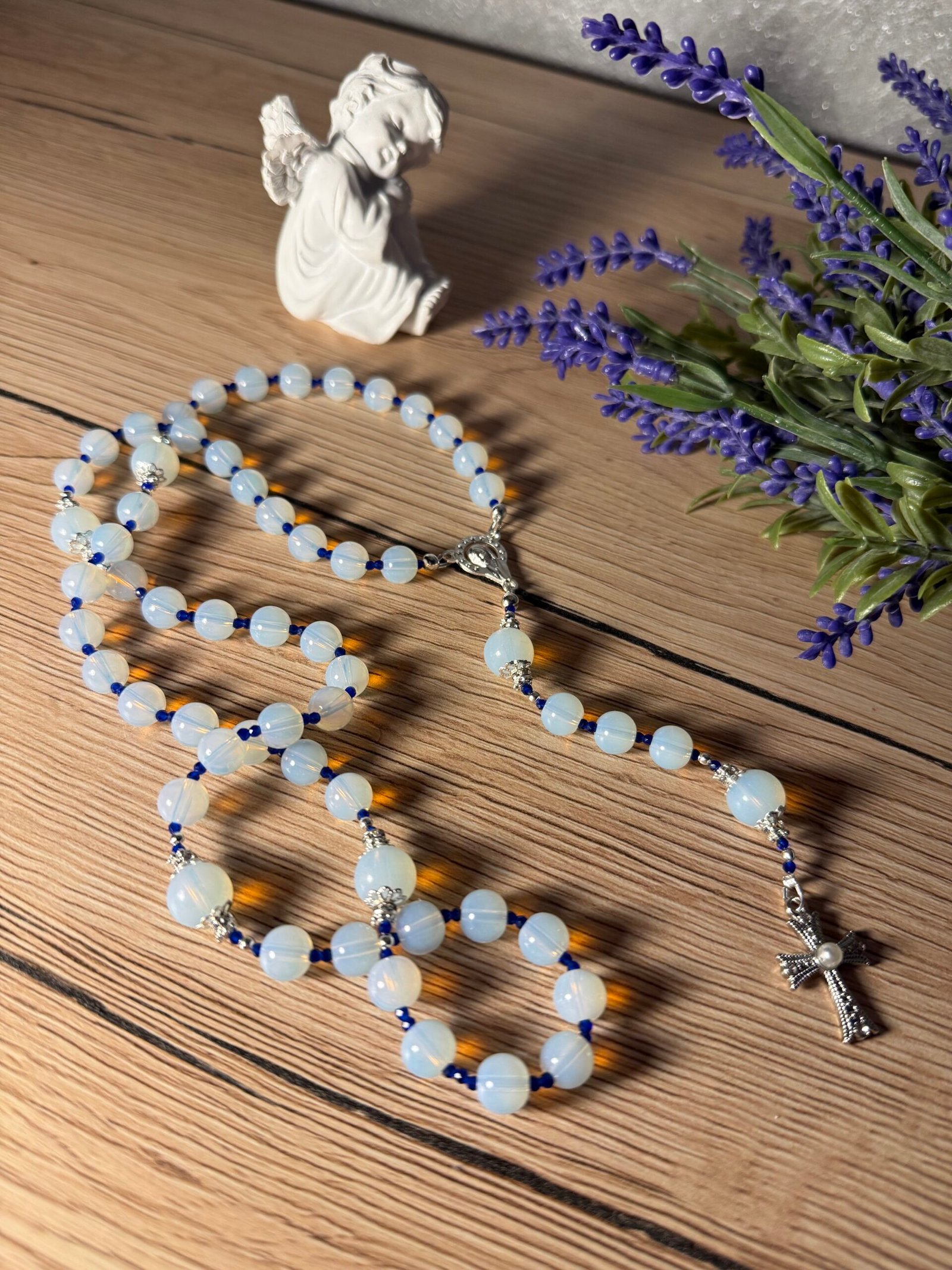 rankų darbo prabangus katalikiškas žadeito karoliukų rožančius komunijai