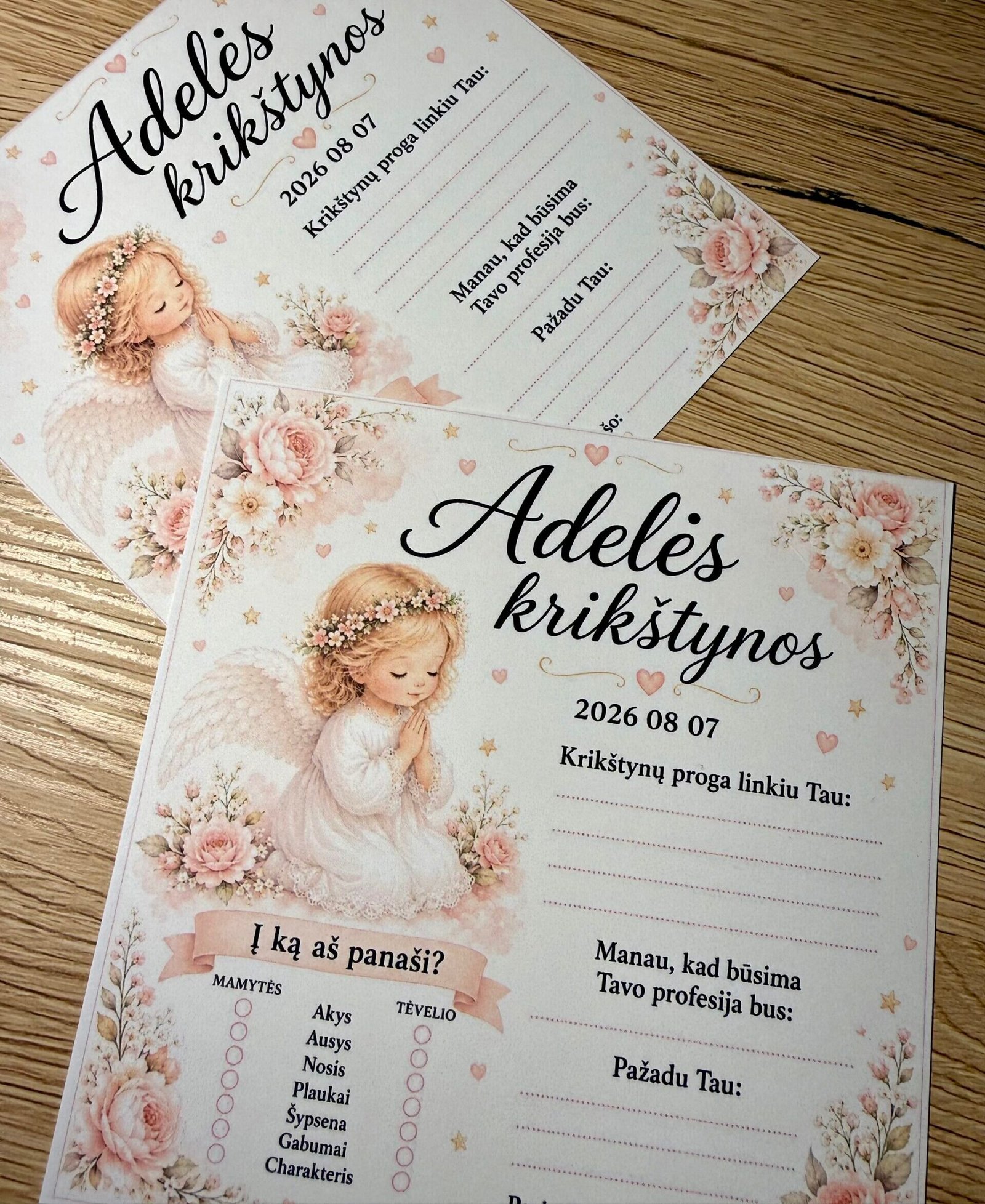 krikštynų žaidimų kortelės mergaitės šventei su angeliuku